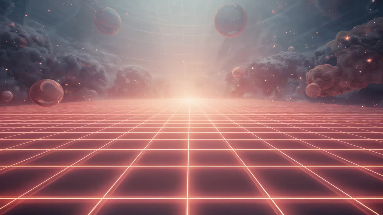 Yükselen merkezi parlaklığa, neon ışıklı grid düzlemine ve kürelerin aydınlattığı neon manzarasına yanıt verme