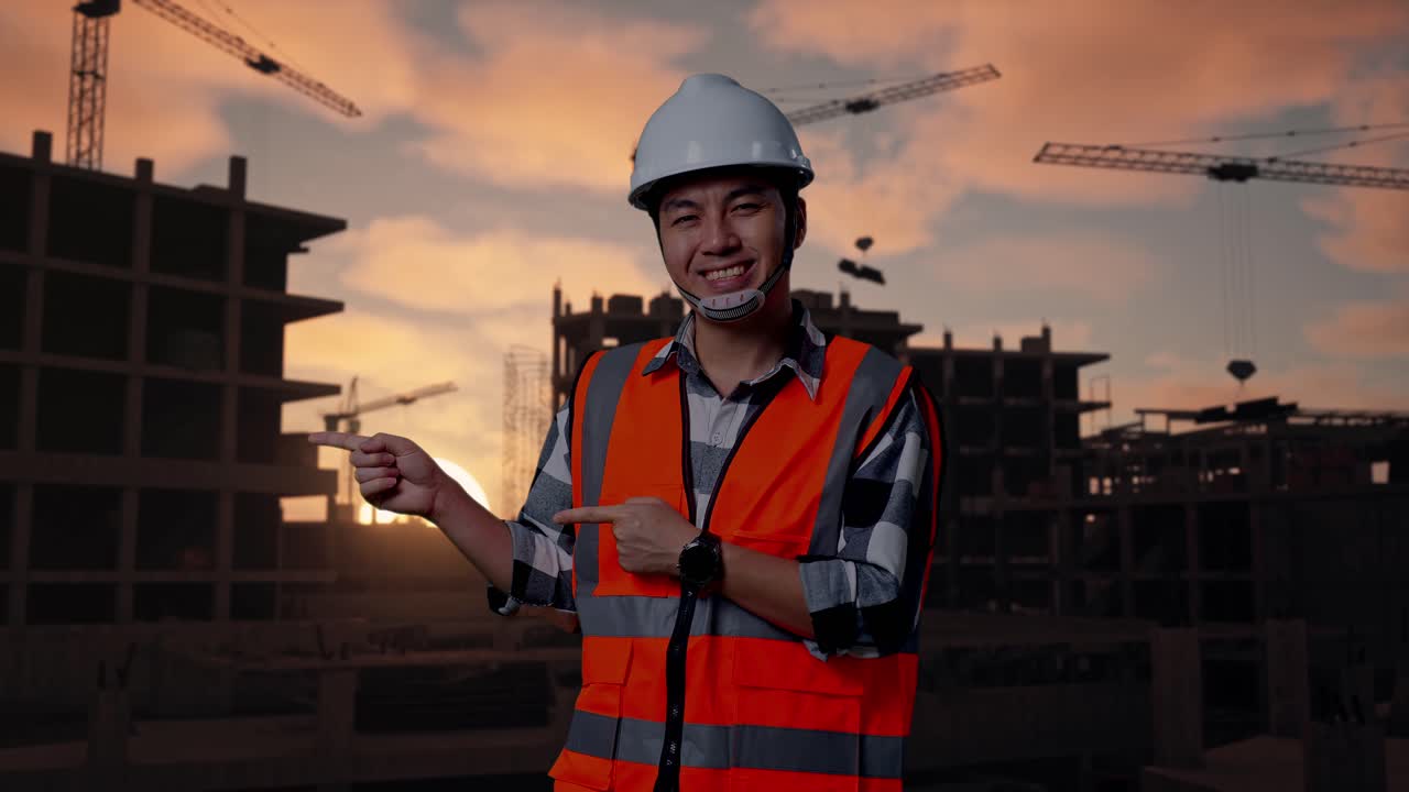 Asian Male Engineer With Safety Helmet Smiling And Pointing To Side While Standing At Building & Construction Site in Progress to New House