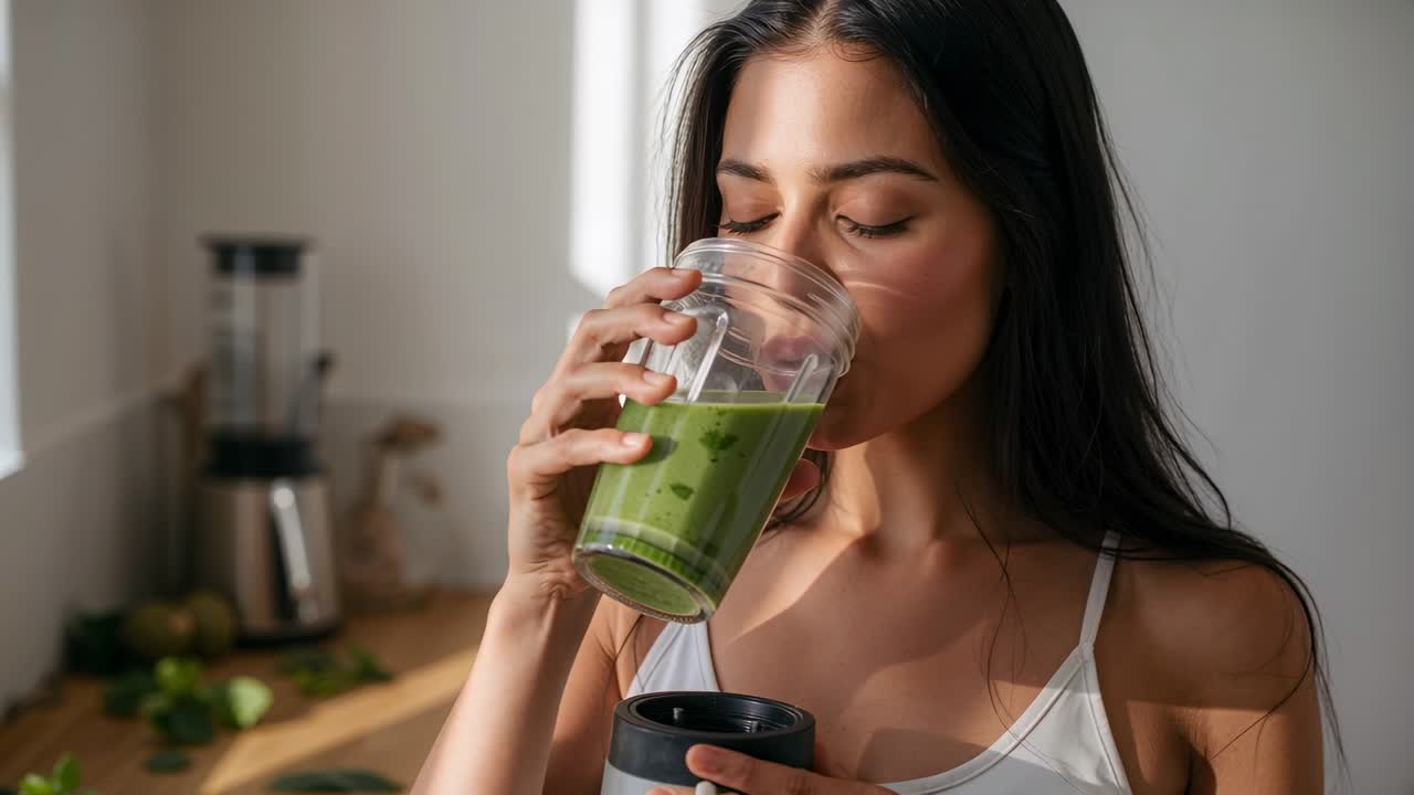 Yeşil smoothie'yi koklayan, şeffaf bardağı dudaklarına götüren, yudumlayan, eğen ve sağlığı için bitiren kadın