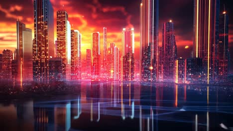 vibrant city skyline at sunset with glowing lights and reflections