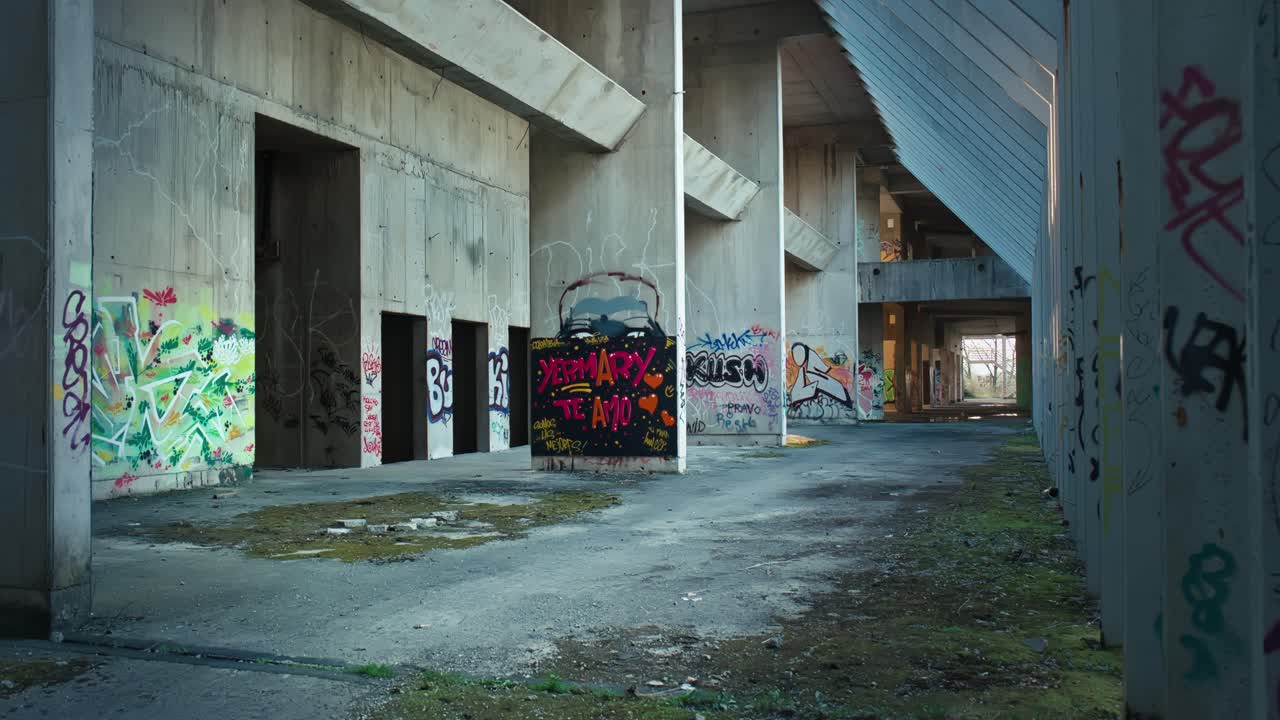 Corridoio ricoperto di graffiti in rovina, Zagabria, Croazia