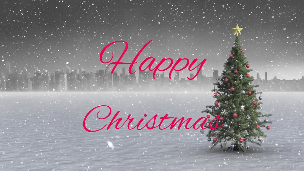 크리스마스 축하 문서의 애니메이션과 겨울 풍경에서 크리스마스 트리 위에 내리는 눈