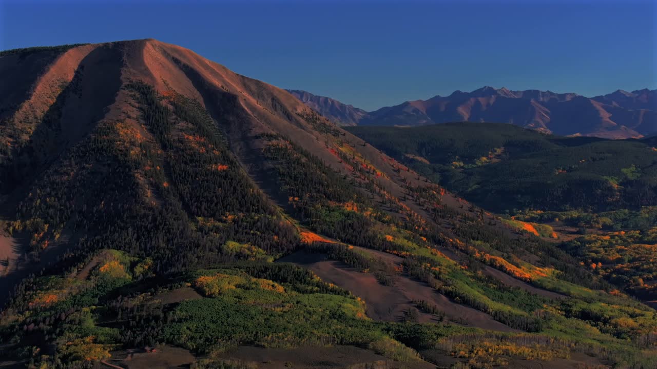 Crested Butte Ohio Pass Swampy Pass Kebler Pass fall autumn Colorado aerial drone Elk Range Rocky Mountains Beaver Ponds morning bluesky sunny Gunnison National Forest yellow Aspens trees circle left