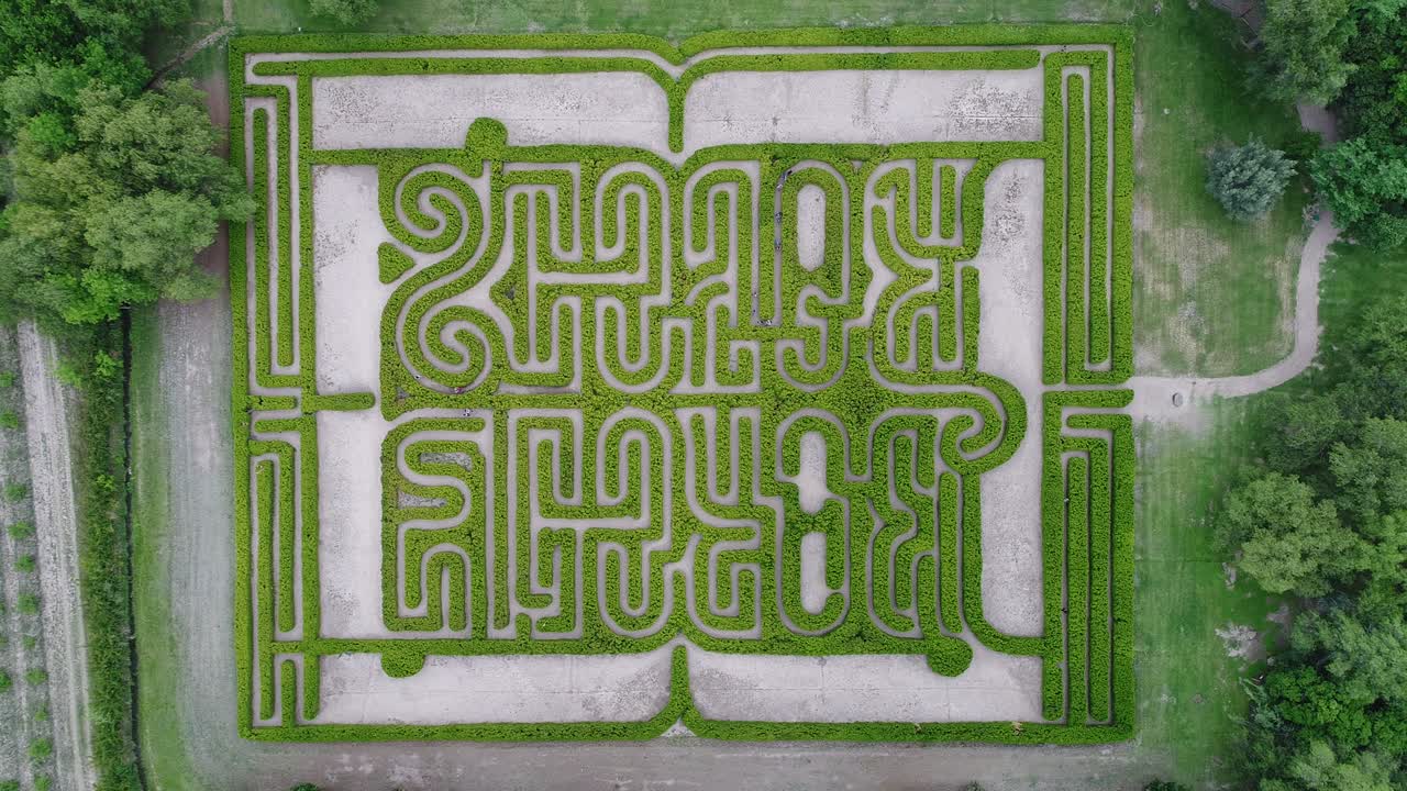 San Rafael, Argentina, November 17, 2018: Take zenital from drone, from Labyrinth of Borges with people walking inside it.