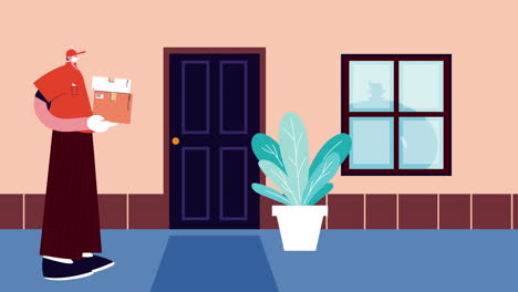 delivery service worker with box in the house door animation