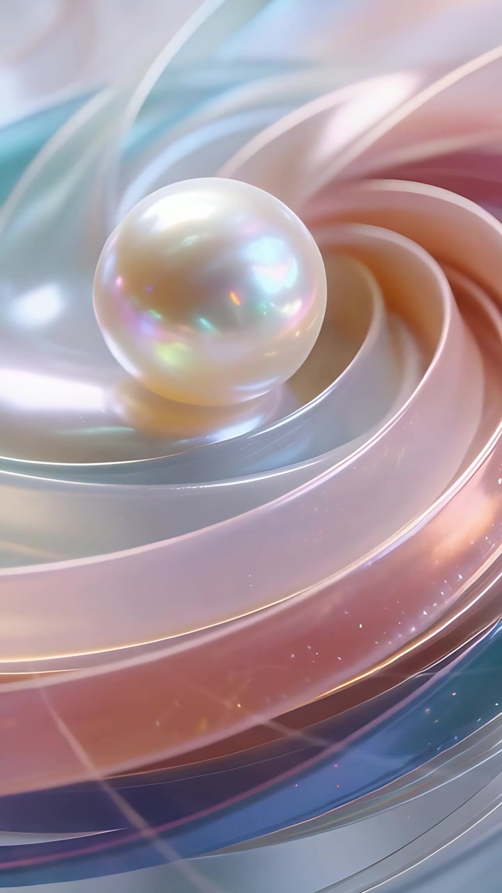 Video verticale: Telecamera che panoramica spostando una perla lucida al centro su nastri a spirale in studio, mostrando la sua lucentezza.