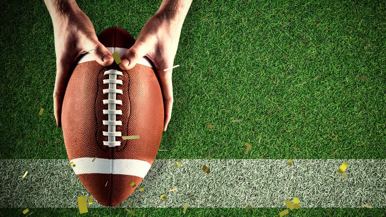 스포츠 경기장에서 럭비 공을 들고 있는 남자 위에 떨어지는 금 콘페티의 애니메이션