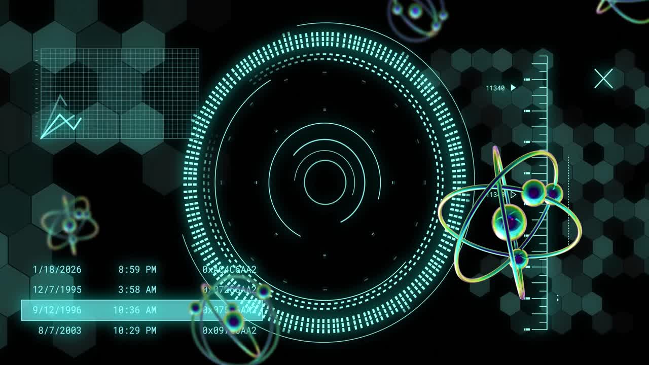 animación del giro del modelo atómico y procesamiento de datos sobre fondo negro