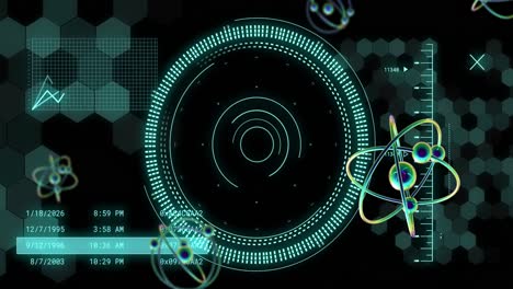 animación del giro del modelo atómico y procesamiento de datos sobre fondo negro