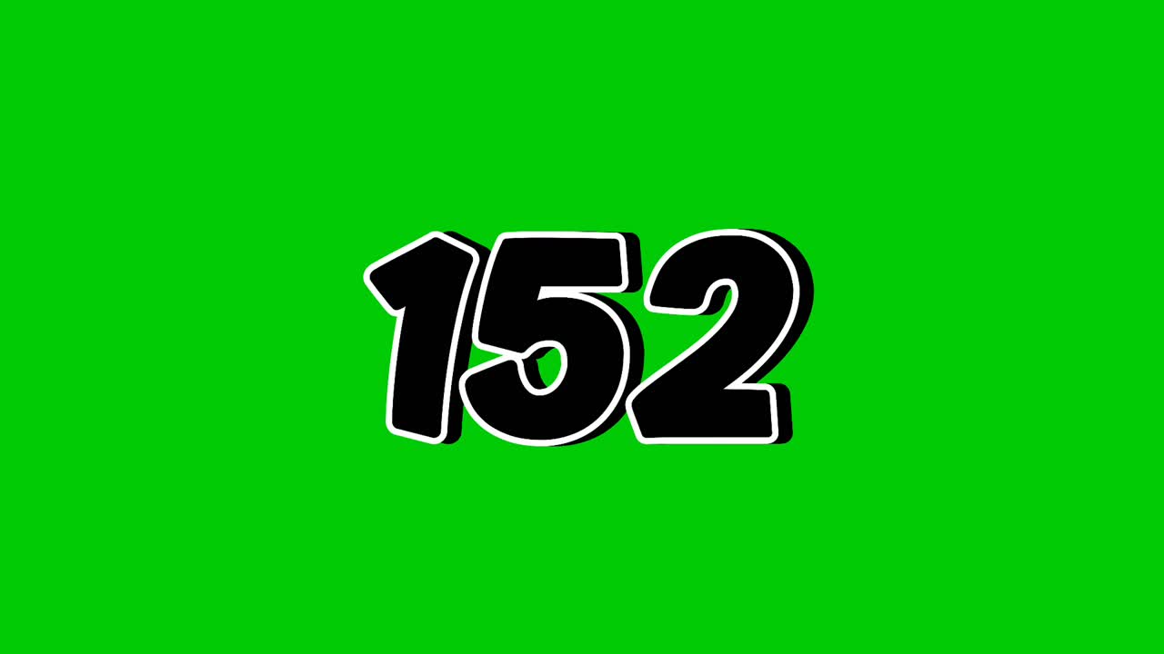 Number 152 symbol sign animation motion graphics cartoon on green screen background. Black color number reveal on smoke,for video number for video elements