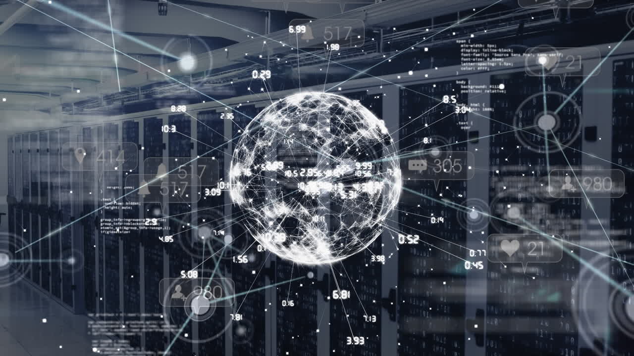 Animation of financial data processing and globe over server room