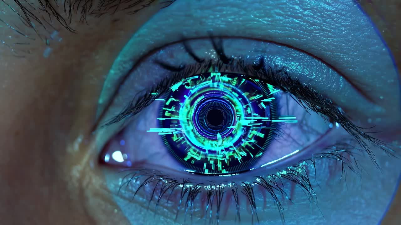Close-up video of a human eye with a digital, futuristic interface overlay