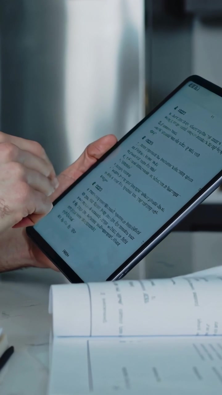 Vertical video: Holding tablet, duo comparing papers and tapping tablet in home kitchen verifying