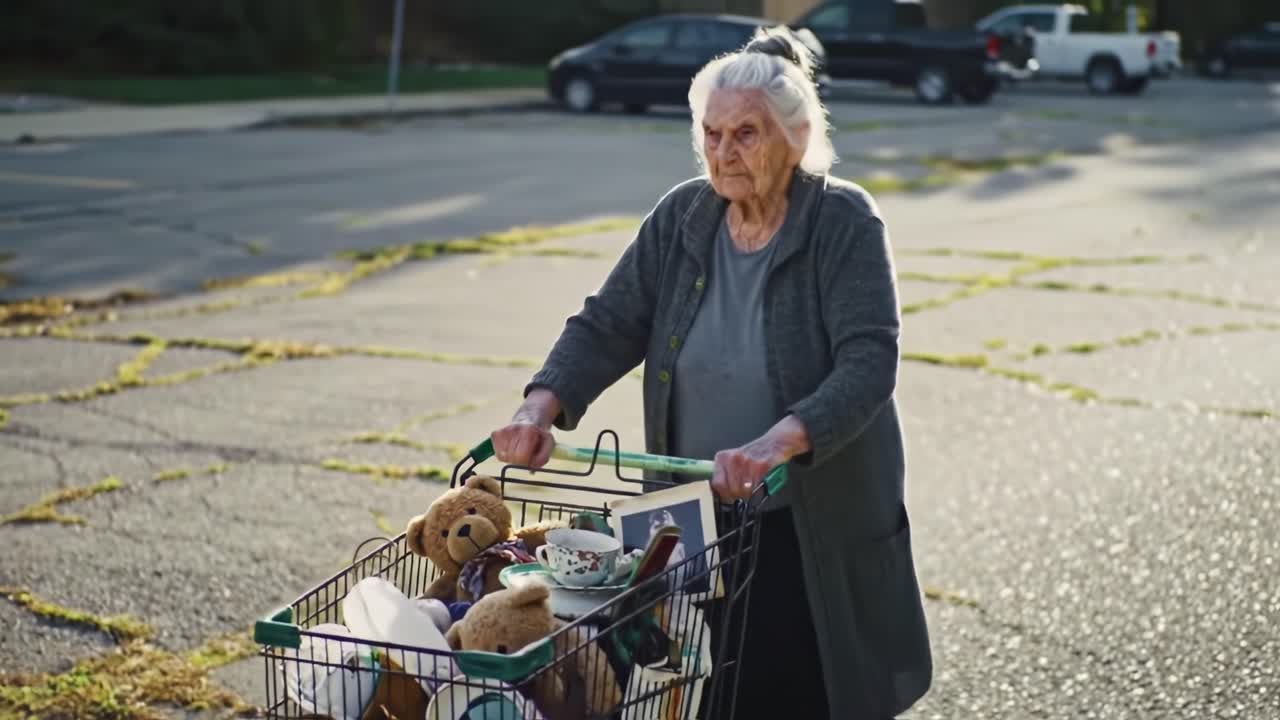 An Elderly Woman Navigates Her Path with a Shopping Cart Full of Personal Treasures, Bearing Stories of Joy and Memories Tucked Away in Everyday Life