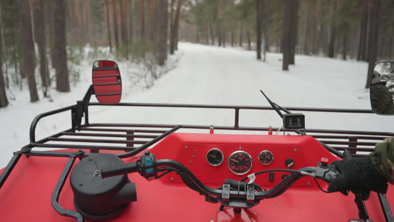 ATV rosso che sfreccia su un sentiero di pini, prospettiva del ranger forestale con mani ferme sul manubrio. Indicatori del cruscotto e specchietto visibili, equipaggiamento di sicurezza e casco sottintesi. Luce invernale serena, pattugliamento silenzioso nei boschi.