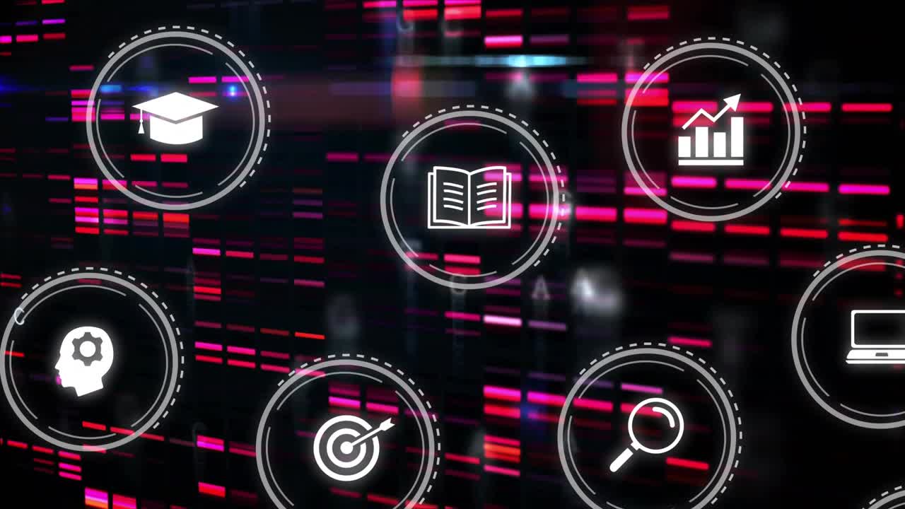 Magenta bars shifting, white circular icons appearing, forming grid, pulsing, showing UI