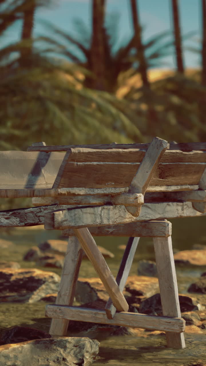 Weathered wooden trough near a tranquil oasis surrounded by palm trees