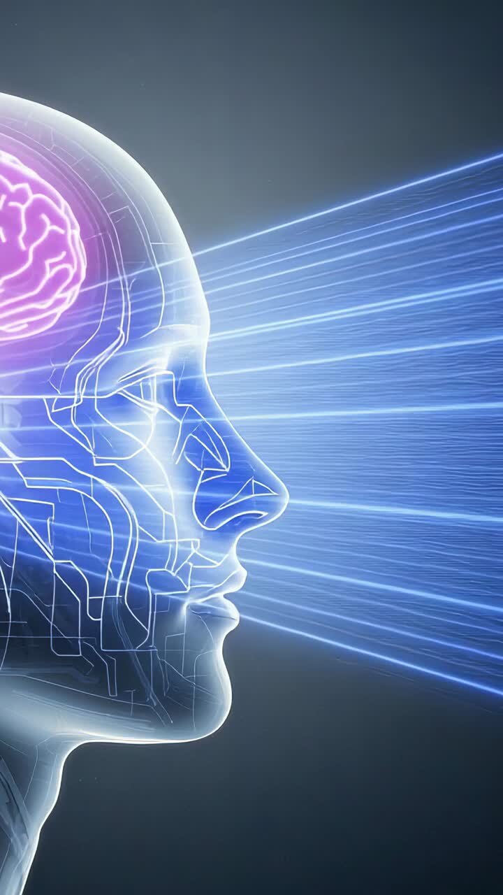 Vertical video: Emitting blue rays from eyes, head projecting data through illuminated circuits