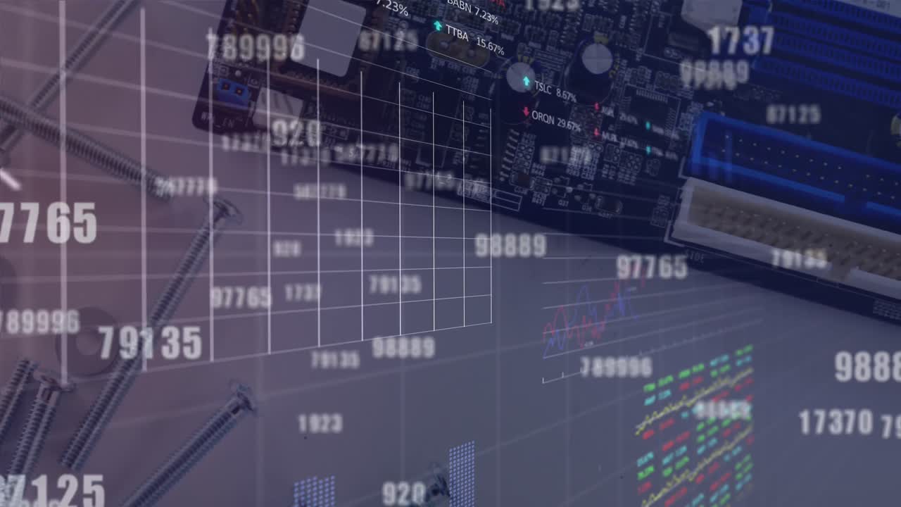 animazione di numeri mutevoli e elaborazione dei dati del mercato azionario contro il close-up di una scheda a circuiti.