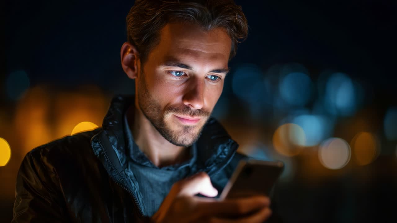 Um homem concentrado olha para a tela do smartphone à noite, iluminado pelas luzes da cidade, mostrando concentração e conexão em um mundo digital moderno