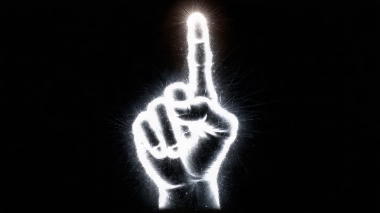 Un gesto di comunicazione illuminato: Un dito scintillante alzato come simbolo di autorità e attenzione, su uno sfondo scuro di infinite possibilità