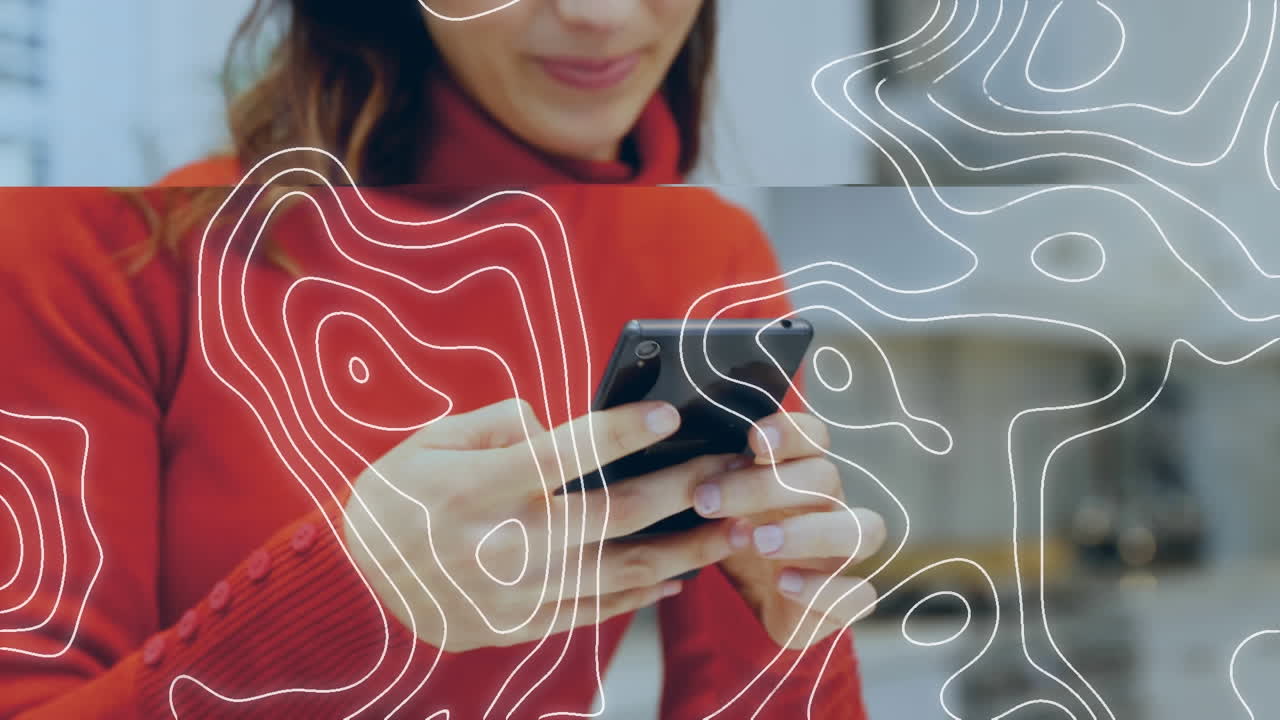 animación de líneas blancas sobre una mujer usando un teléfono inteligente