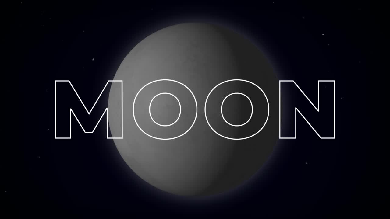The moon in nighttime starry universe 3D animation with text typeface typography font outlined letters luna orbit space background dynamic motion graphics