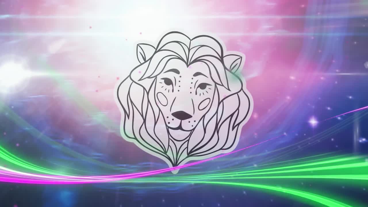Animation des Sternzeichens Löwe über dem Universum und leuchtenden Sternen