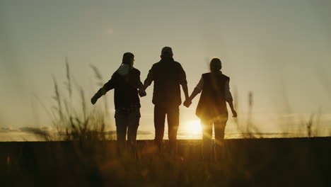 familia disfrutando de una puesta de sol en un campo