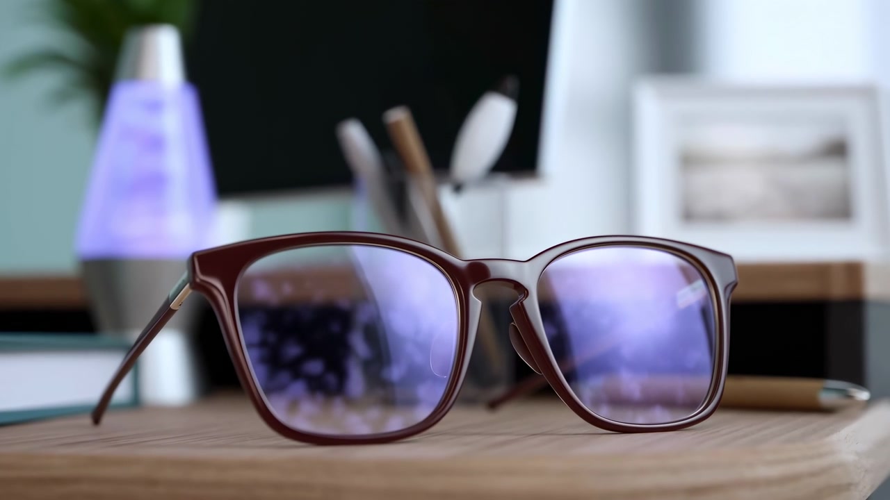 Neutrale Sonnenbrille, ausgestellt auf einem Holzschreibtisch, umgeben von Büromaterialien und einer Lavalampe, aus der Vogelperspektive betrachtet, mit braunen und violetten Tönen und Glasrahmen in einem Des