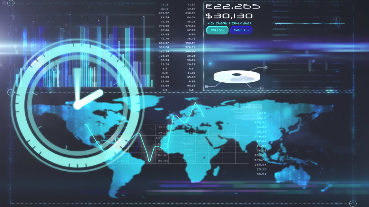 animación de un reloj que se mueve rápido y procesamiento de datos en pantalla digital