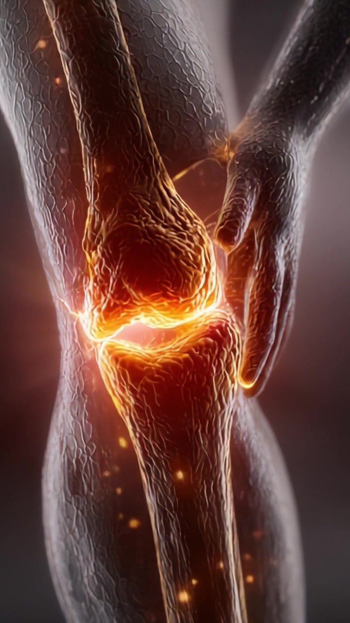 Explorando la salud articular: una representación artística de una rodilla humana con características mejoradas que ilustran el movimiento y la funcionalidad dinámica en un brillo vibrante.