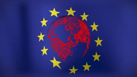 red globe animation over european union flag with yellow stars