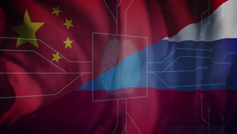 animación de una placa de circuito de computadora sobre la bandera de rusia y china