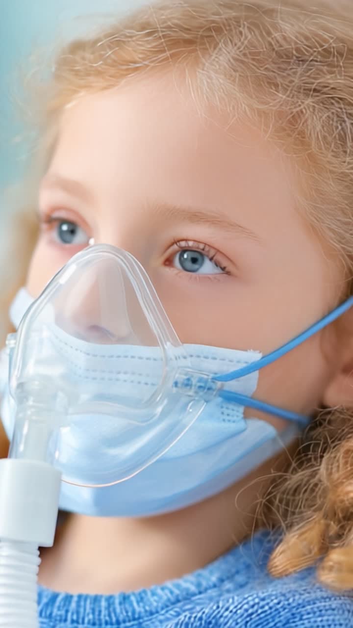 Un bambino piccolo con una maschera respiratoria che riflette determinazione e resilienza durante una difficoltà di salute, in un primo piano video.