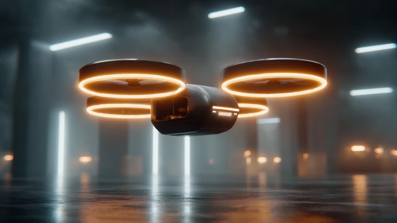 A Futuristic Drone with Illuminated Rotors Captured in Motion Within a Dimly Lit Environment, Showcasing Advanced Technology and Sleek Design