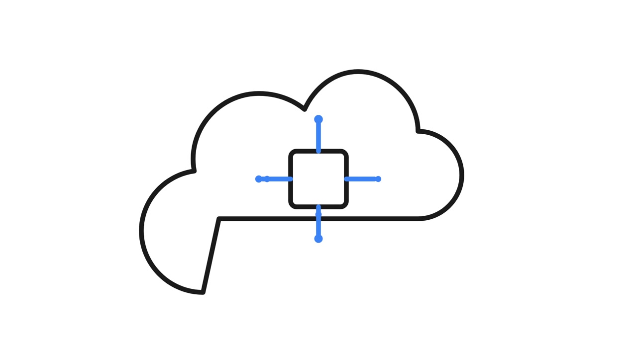 Disegno al tratto animato di un'icona di nuvola e microchip.