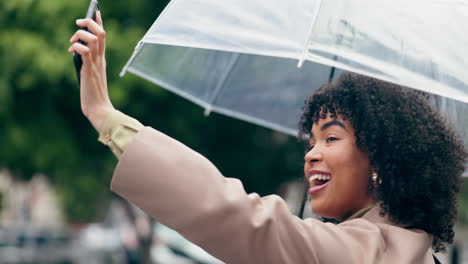 phone, happy and umbrella with a woman in the city