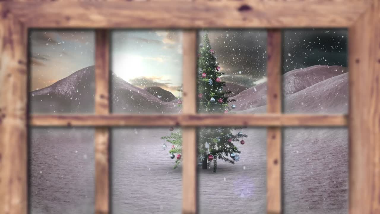 크리스마스 트리 위에 내리는 눈의 애니메이션과 창문을 통해 볼 수 있는 겨울 풍경