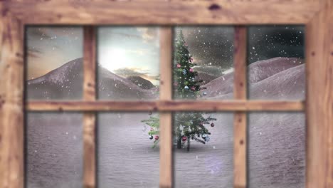 Animation of snow falling over christmas tree and winter scenery seen through window
