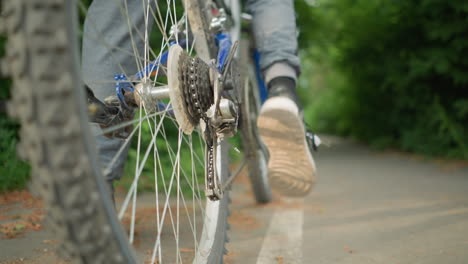 close-up back view of someone tapping the pedal of the bicycle backwards with their foot on a paved path, the blurred background features lush greenery and road markings