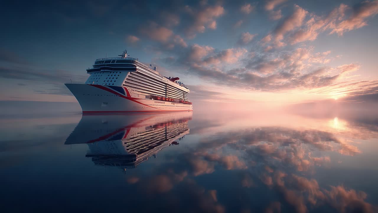 Navigare nella serenità: una maestosa nave da crociera che scivola attraverso acque tranquille all'alba, circondata da riflessi mozzafiato e un cielo spettacolare