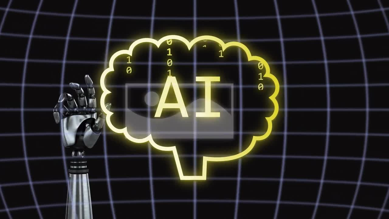 Animation of ai data processing and robot's arm in background