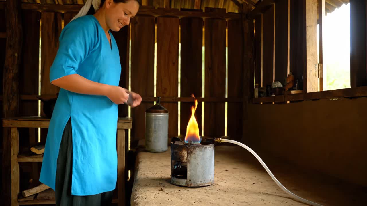 Woman lighting a stove in a rural home