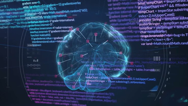Animation of digital brain and data processing on black background