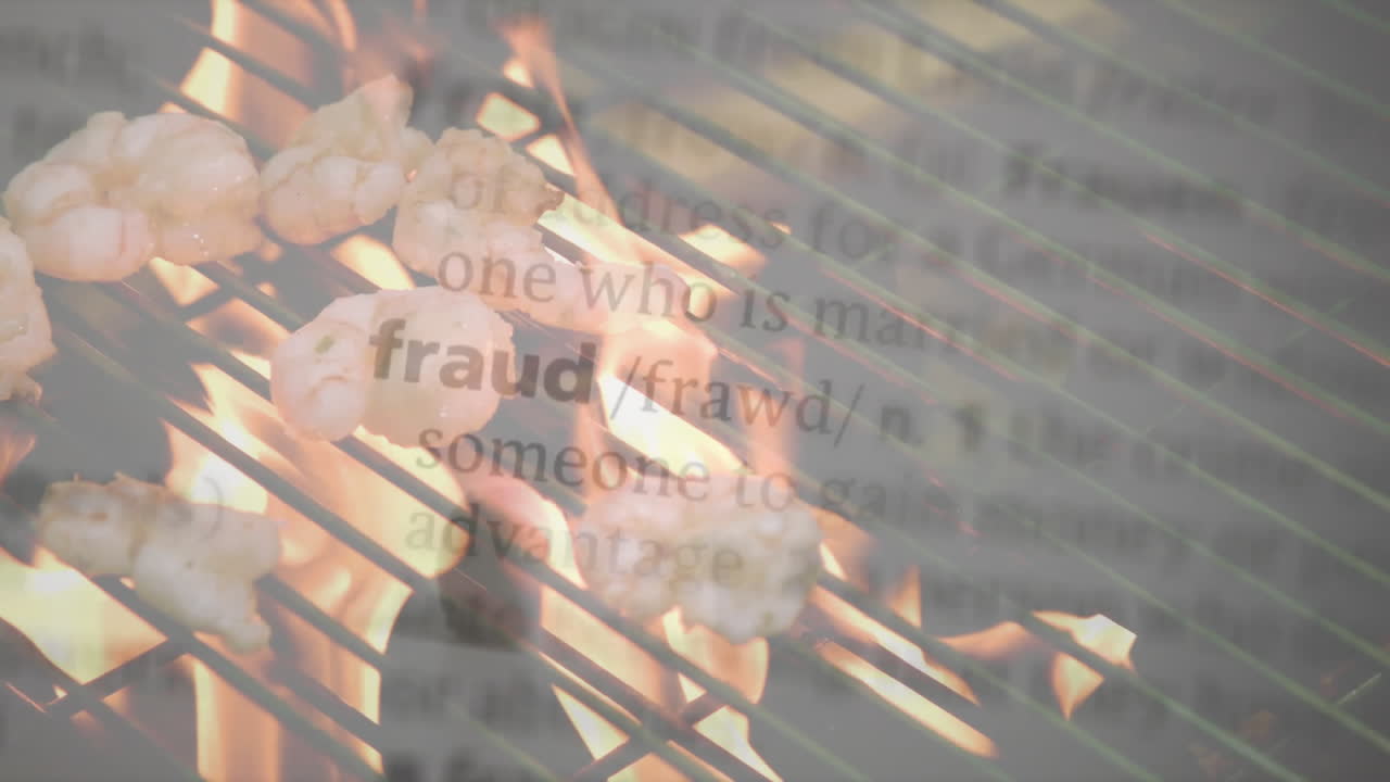 Grilling shrimp over flames with animation of dictionary text about fraud