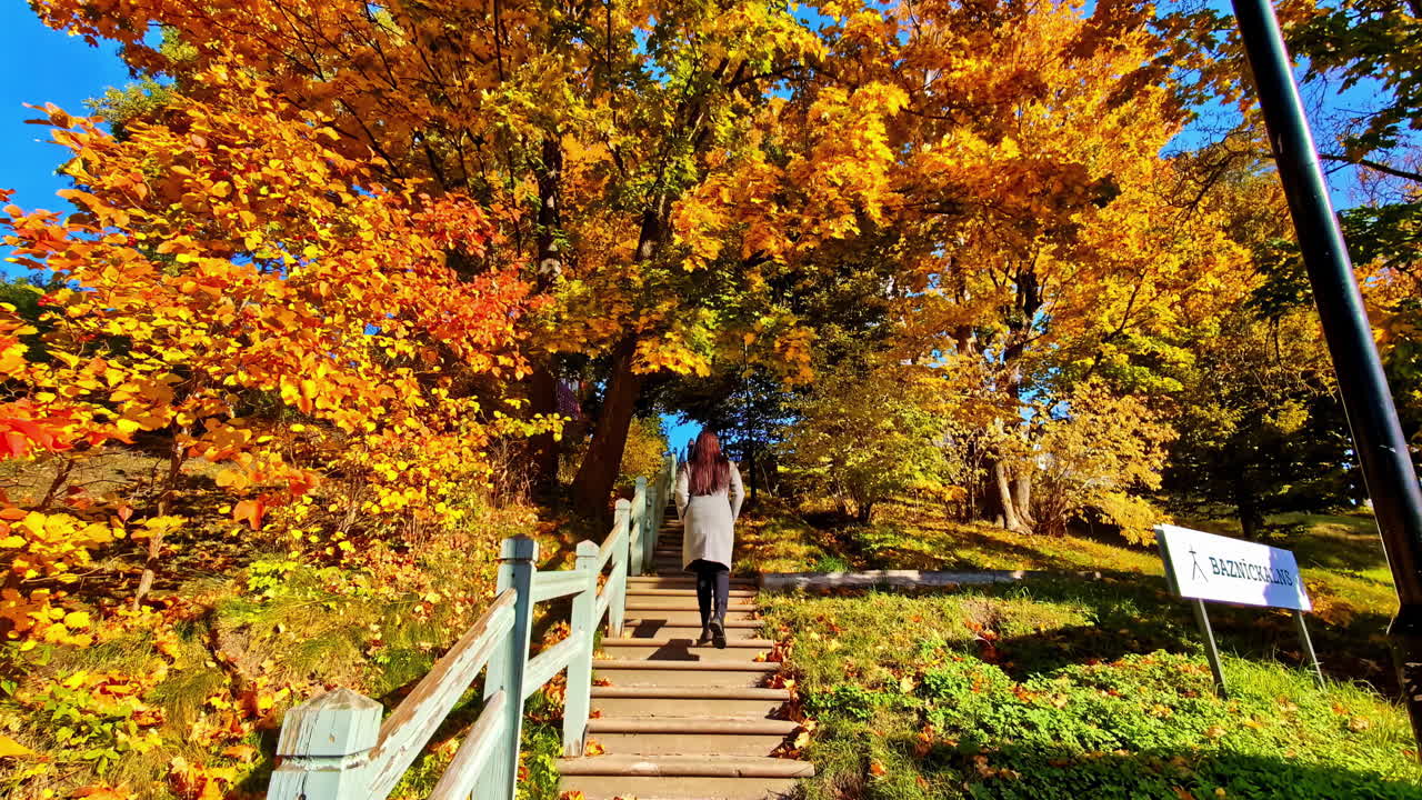 A scenic autumn walk on stairs with colorful fall foliage in Lielvarde, Latvia