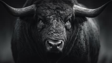 majestic black bull staring with intense gaze in monochrome