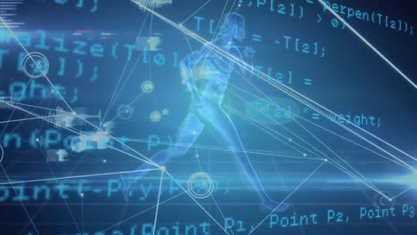 animation of data processing and network of connections against human figure running