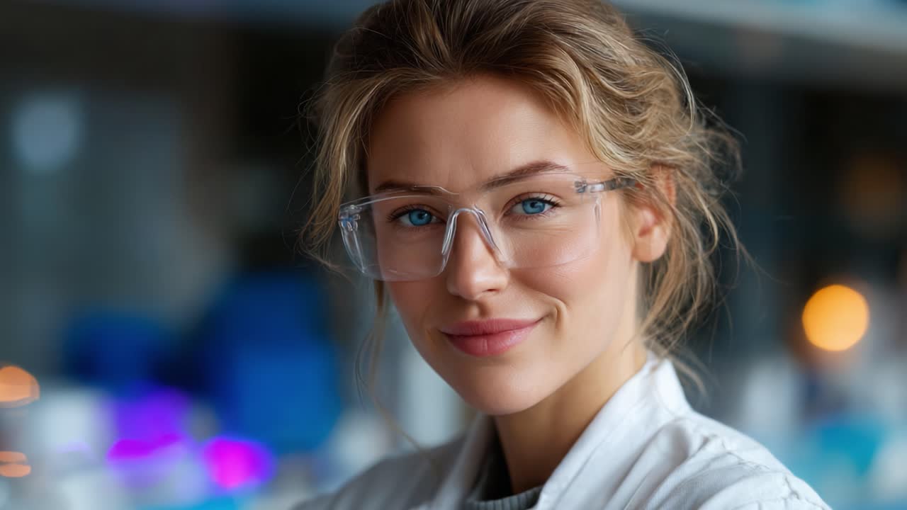 Una scienziata concentrata in un ambiente di laboratorio, che dimostra dedizione e precisione nella ricerca con i suoi occhi azzurri e occhiali di sicurezza professionali
